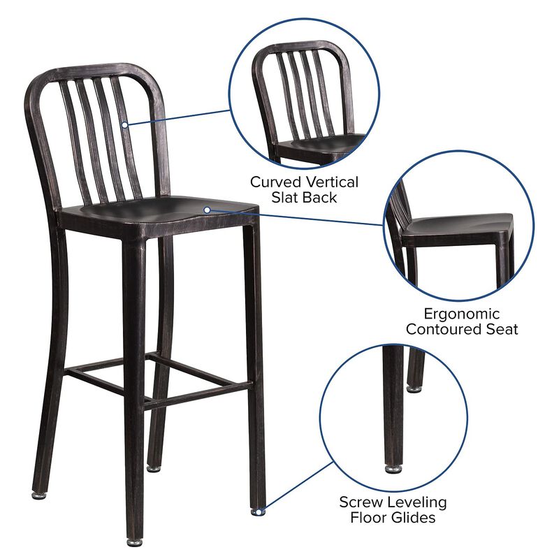 Flash Furniture Commercial Grade 30" High Black-Antique Gold Metal Indoor-Outdoor Barstool with Vertical Slat Back image number 3