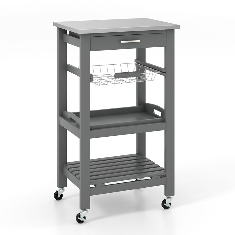 Kitchen Island Cart with Stainless Steel Tabletop and Basket