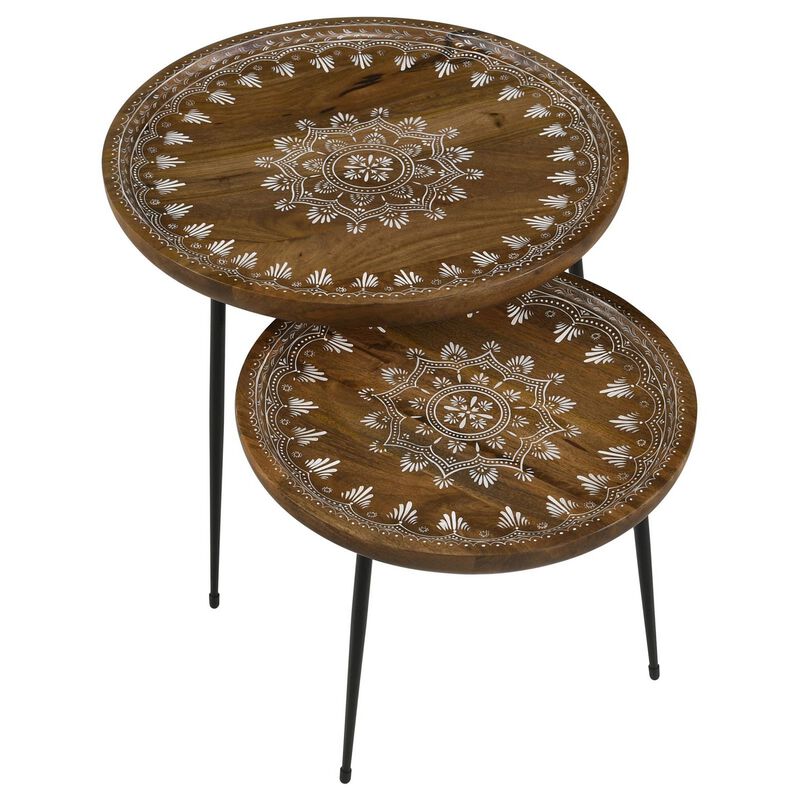 2 Piece Round Nesting Tray Top Table Set, Carved Edges, Motif Design, Brown - Benzara