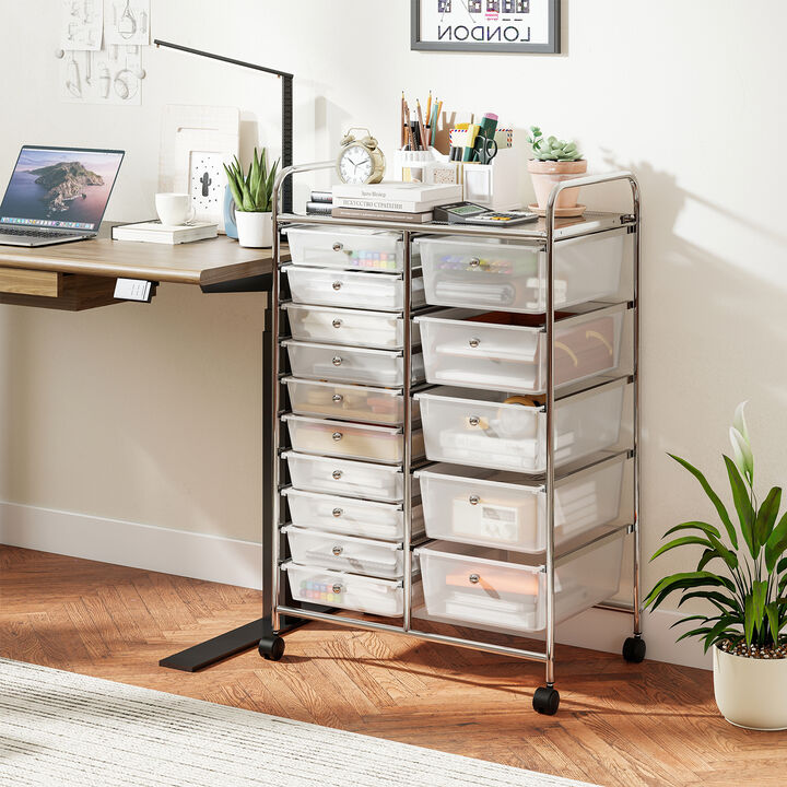 Rolling Storage Trolley with 15 Drawers and Chrome Metal Frame