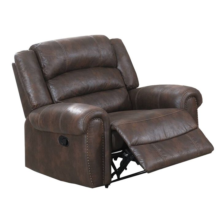 Leatherette Manual Motion Recliner with Tufted Back, Brown-Benzara