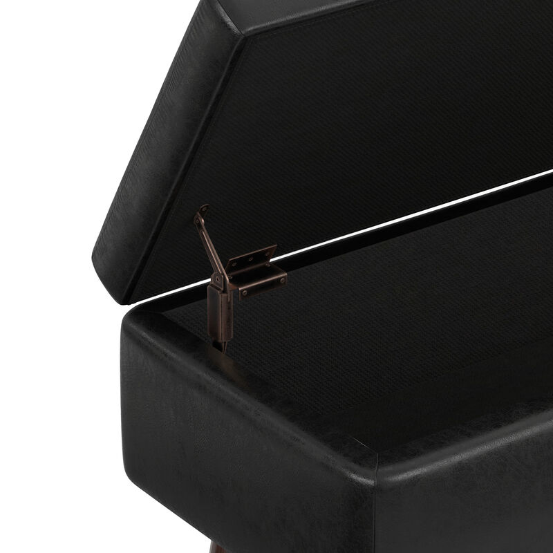 Owen 36 inch Wide Mid Century Modern Rectangle Small Rectangular Storage Ottoman in Distressed Black Vegan Faux Leather, Assembled image number 5