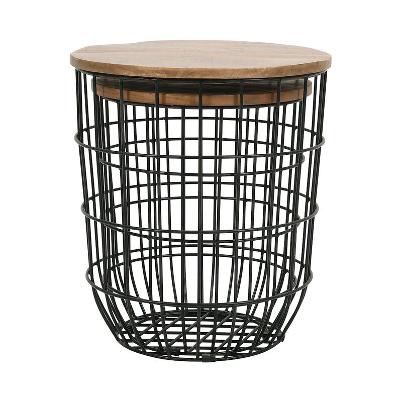 Jofran Global Archive Nested Storage Solid Wood and Metal Basket End Tables (Set of 2)