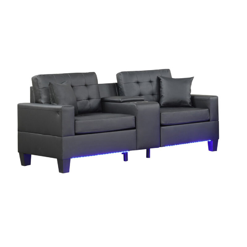 Iris Loveseat w 2 Pillows, LED, USB Ports, Black Faux Leather, 56 Inch