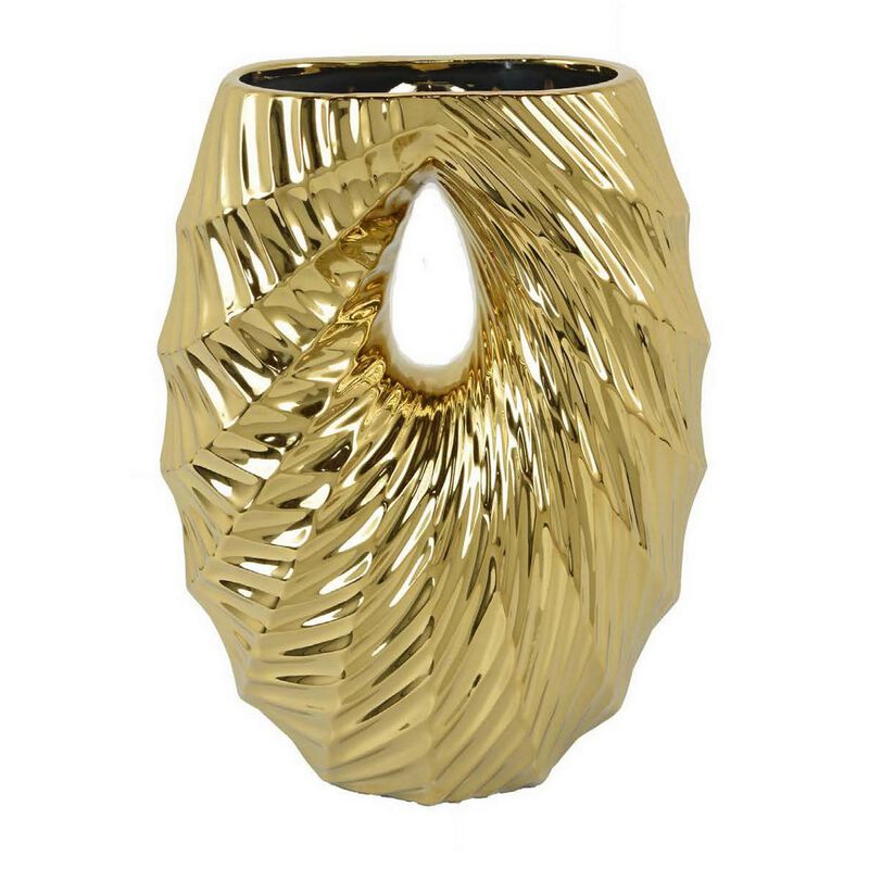 Decorative Vase, 16 Inch U Shape Ceramic Body, Gold Geometric Pattern - Benzara