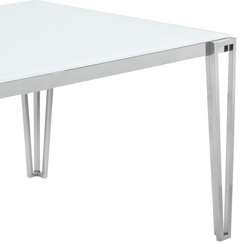 Dining Table with Glass Top and Metal Legs, White and Chrome-Benzara