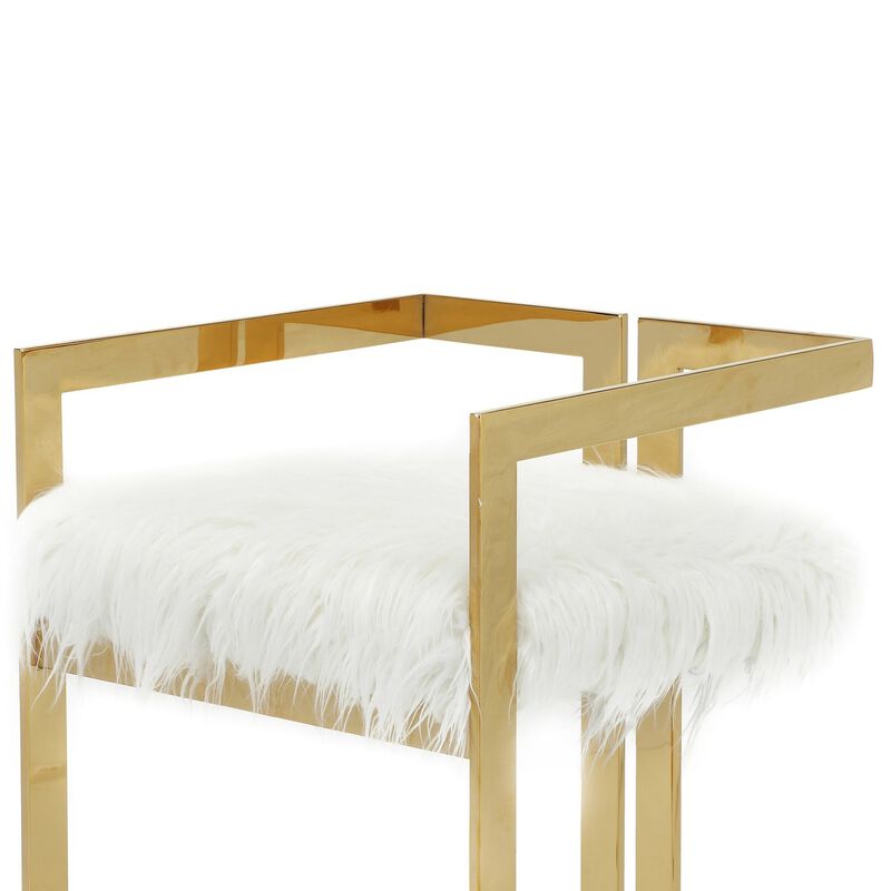 Suki 26 Inch Counter Height Chair, White Faux Fur, Gold Cantilever Base - Benzara