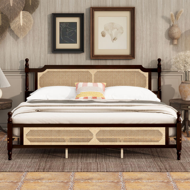 Whisen King Pine Wooden Bed with Rattan Headboard and Footboard, with Central Enhanced Bed Platform image number 2
