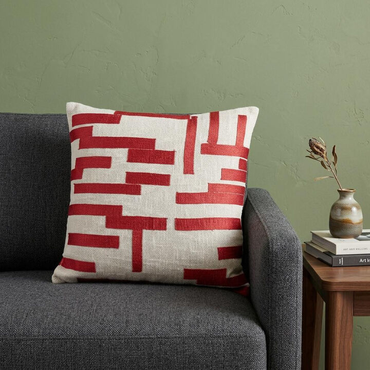 HomeRoots 20" Red and Ivory Geometric Cotton Blend Throw Pillow With Embroidery