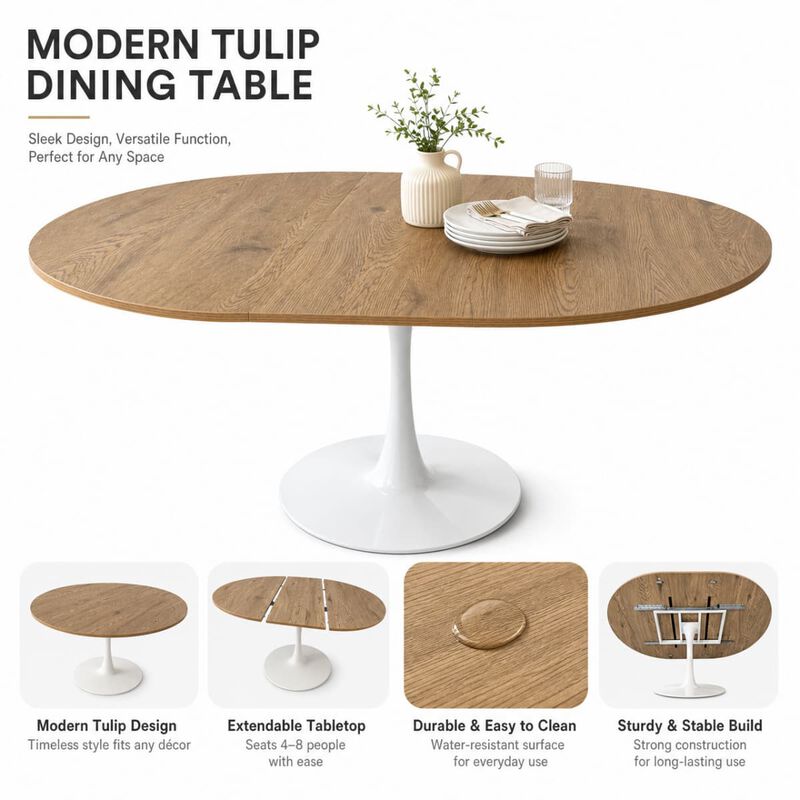 Extendable dining table for 4 to 6 MDF oval dining table with metal pedestal Space saving dining table for small spaces image number 6