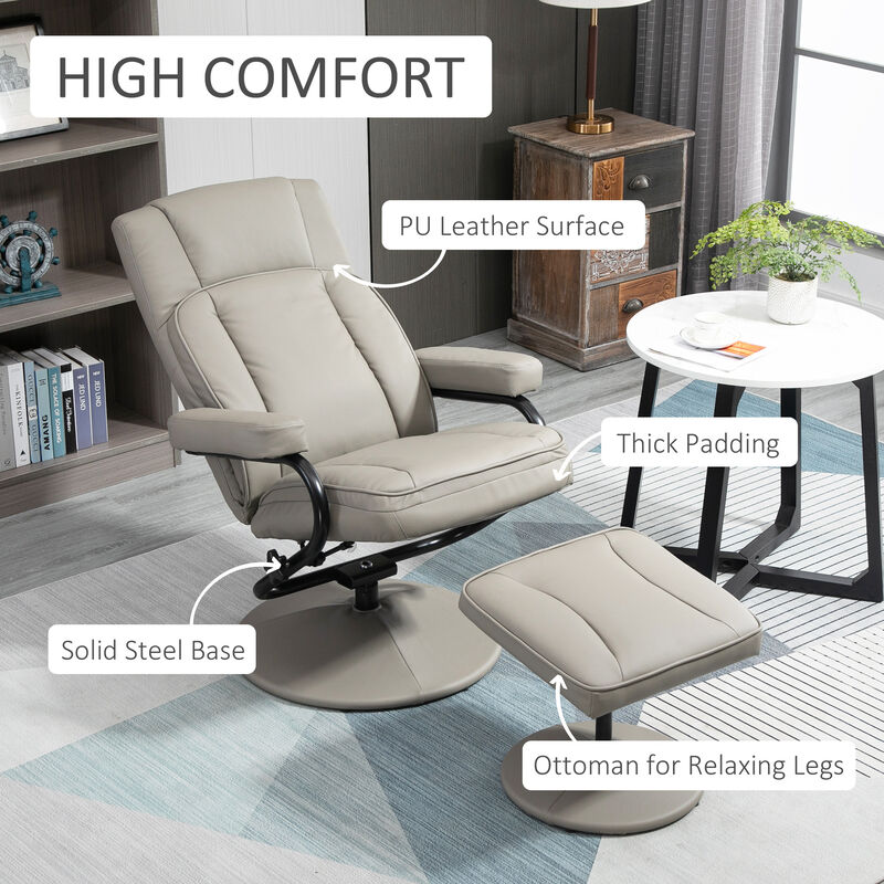 HOMCOM Swivel Recliner, Manual PU Leather Armchair with Ottoman Footrest for Living Room, Office, Bedroom, Grey