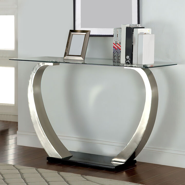 Rectangular Glass Top Sofa Table with Curved Pedestal Base, Black and Gray
