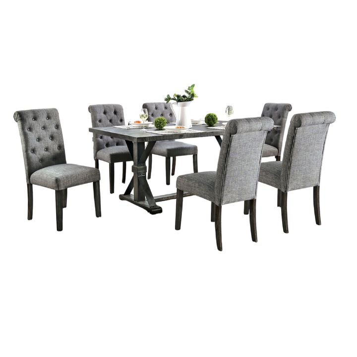 Fredy 7pc Dining Table Set, Dual Pedestal Base, 6 Beige Fabric Chairs