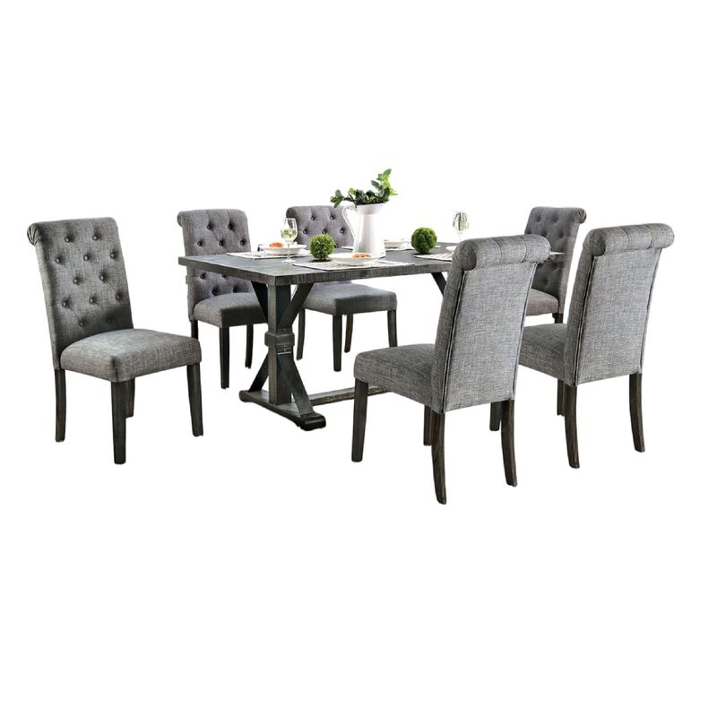Fredy 7pc Dining Table Set, Dual Pedestal Base, 6 Beige Fabric Chairs image number 0