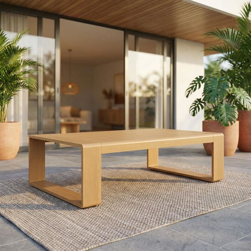 Aluminum Faux Wood Rectangular Patio Coffee Table for Deck and Porch, Natural image number 4