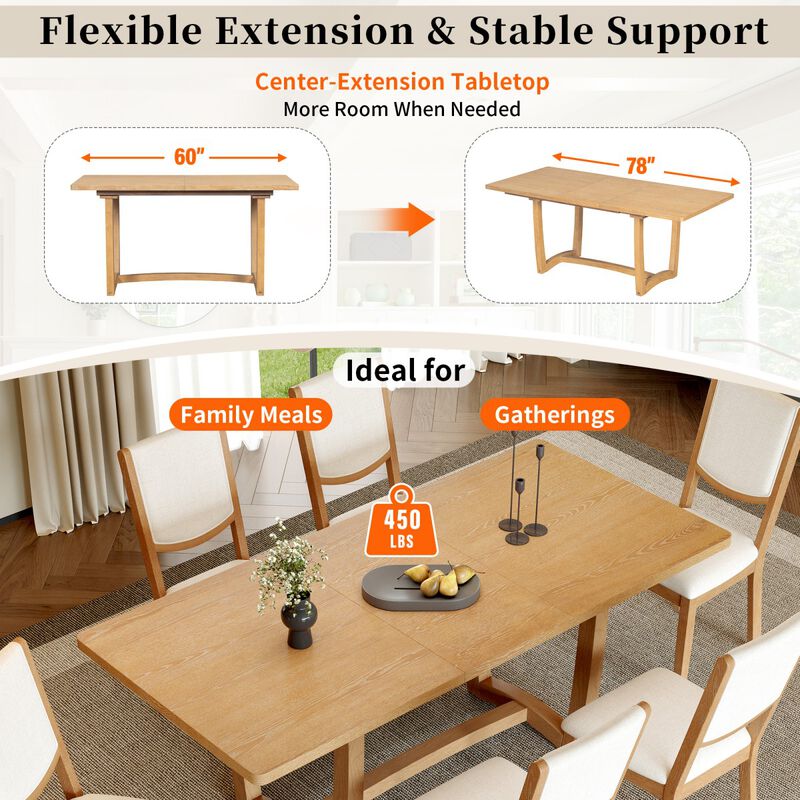 7 Piece Extendable Dining Table Set with 6 Upholstered Chairs, rectangular wood dining table set, dining room furniture set image number 4