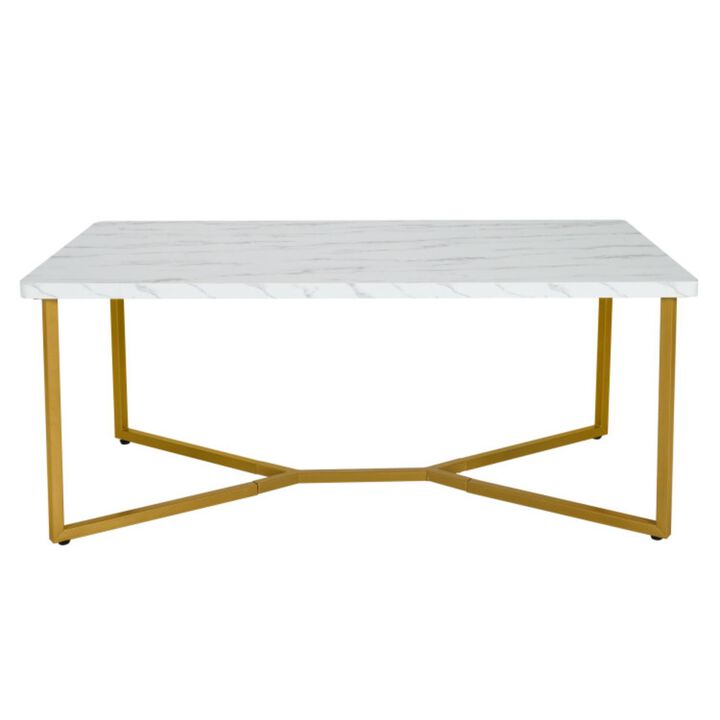 Hivvago White Faux Marble Coffee Table with Gold Finished Metal Frame