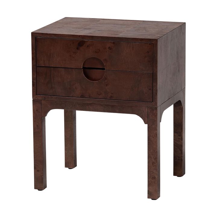 bali & pari Kayla Real Burl Wood Nightstand in Dark Walnut Brown - Modern Bedside Table with Two Drawers and Cutout Handle Design