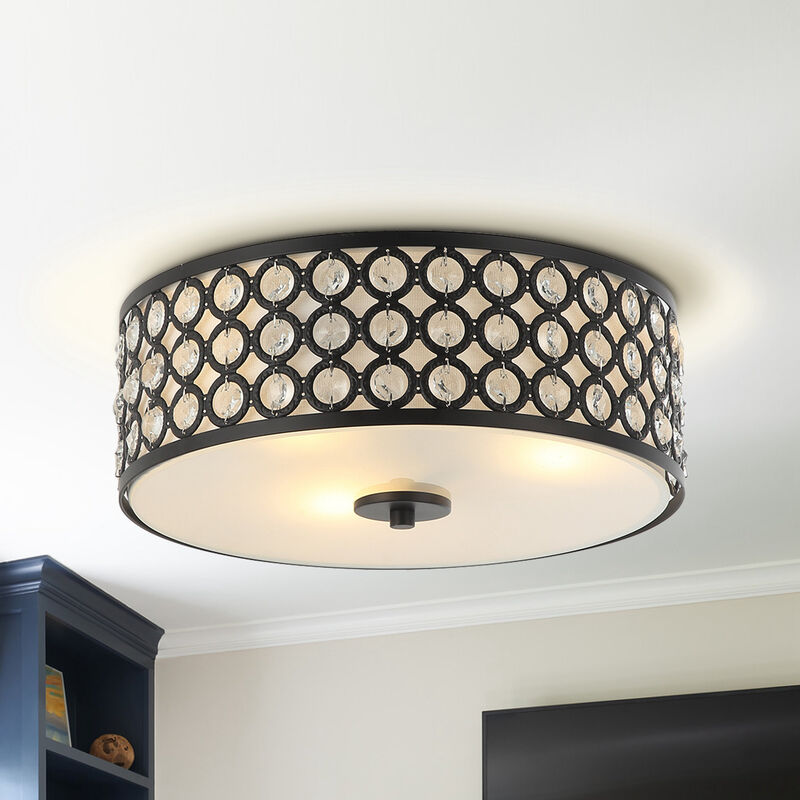Modern 3-Light Crystal Black Flush Drum Mount Ceiling Light