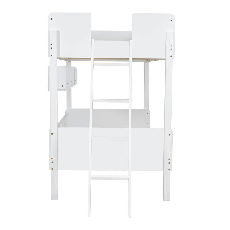 Merax Twin-Over-Twin White Wooden Bunk Bed with 3 Storage Shelves