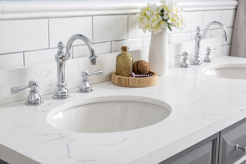 Palace 60 In. Double Sink Carrara Quartz Countertop Bath Vanity in Cashmere Grey with Chrome Hardware and Hook Faucets image number 5