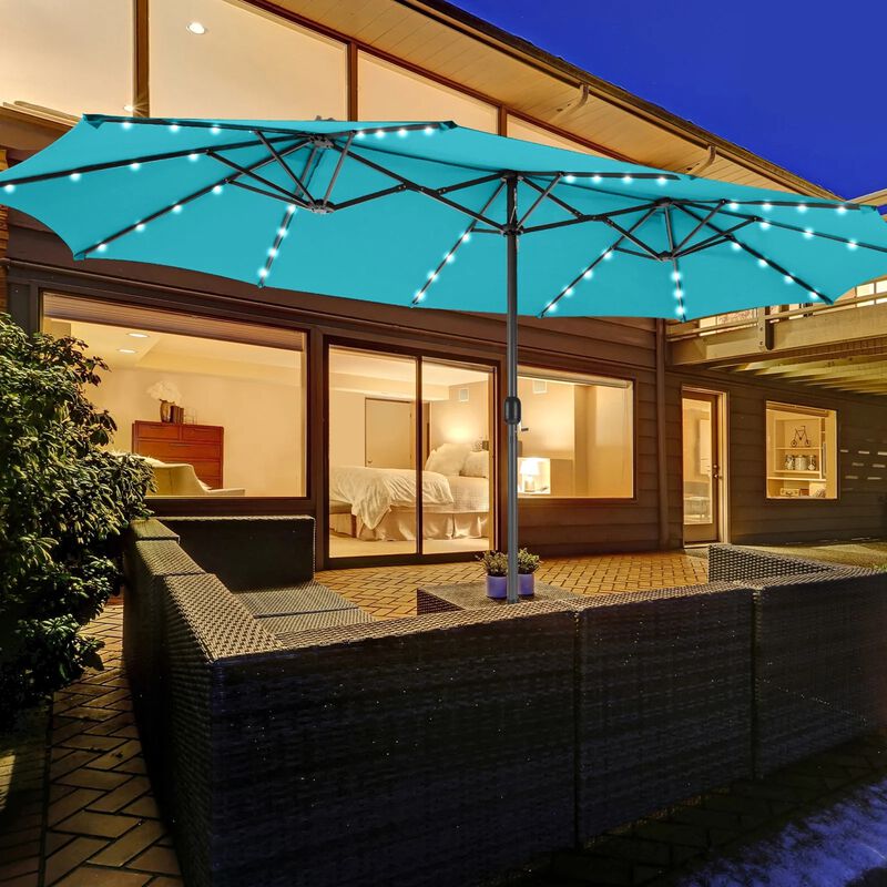 15 Feet Twin Patio Umbrella Double Side Market Umbrella with 48 Solar LED Lights image number 3