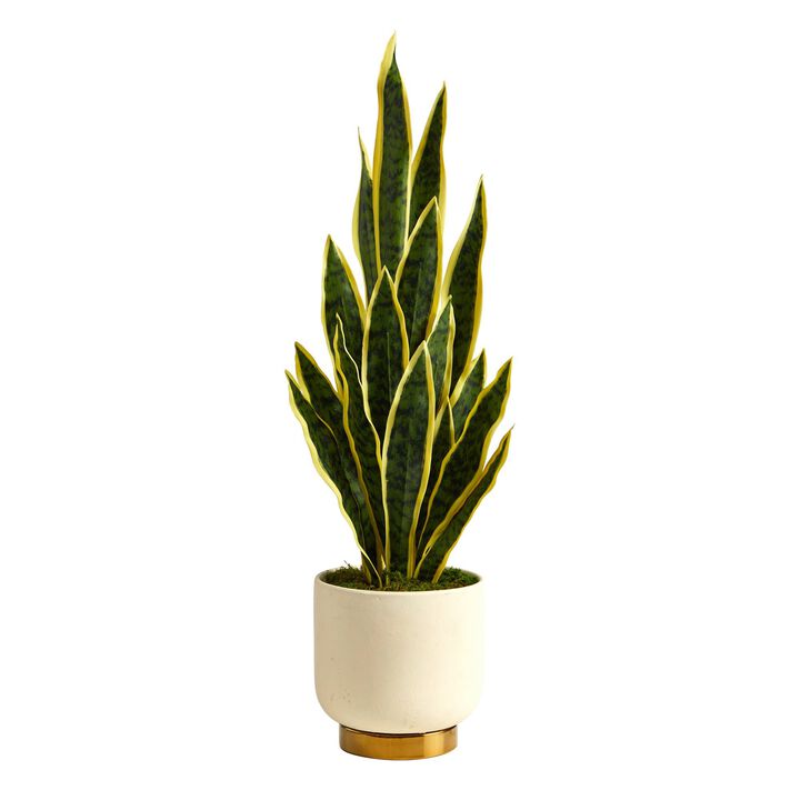Nearly Natural 3-ft Sansevieria Plant in Cream Planter with Gold Base