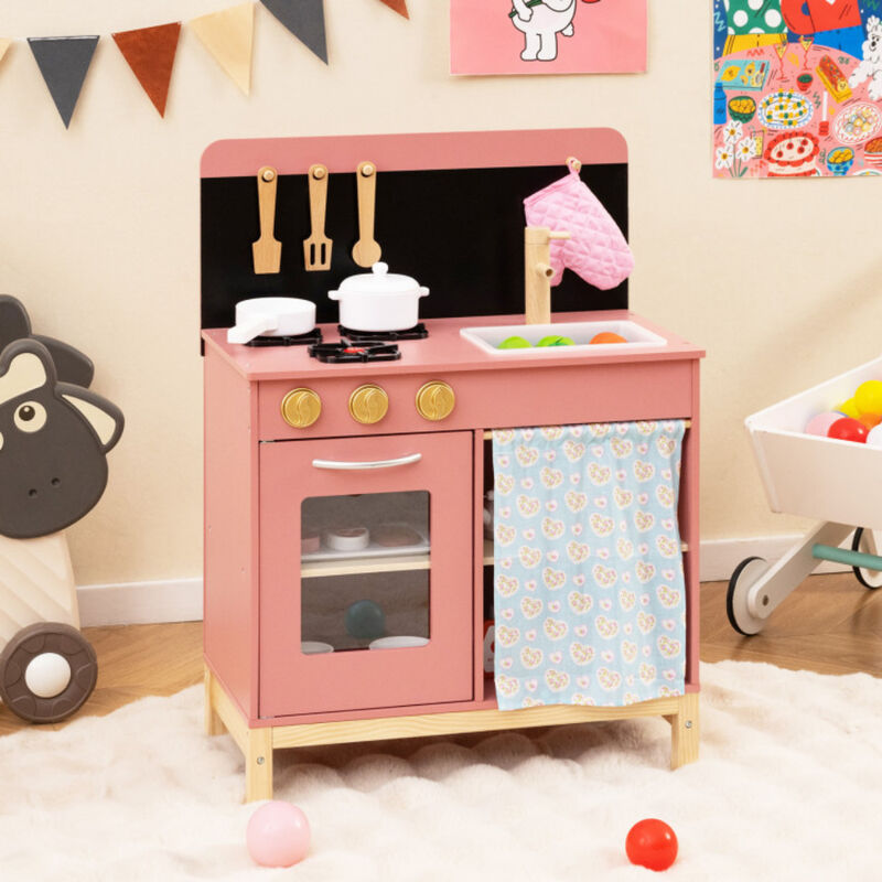 Wooden Kids Kitchen Playset Featuring Door Curtain in-Pink image number 1