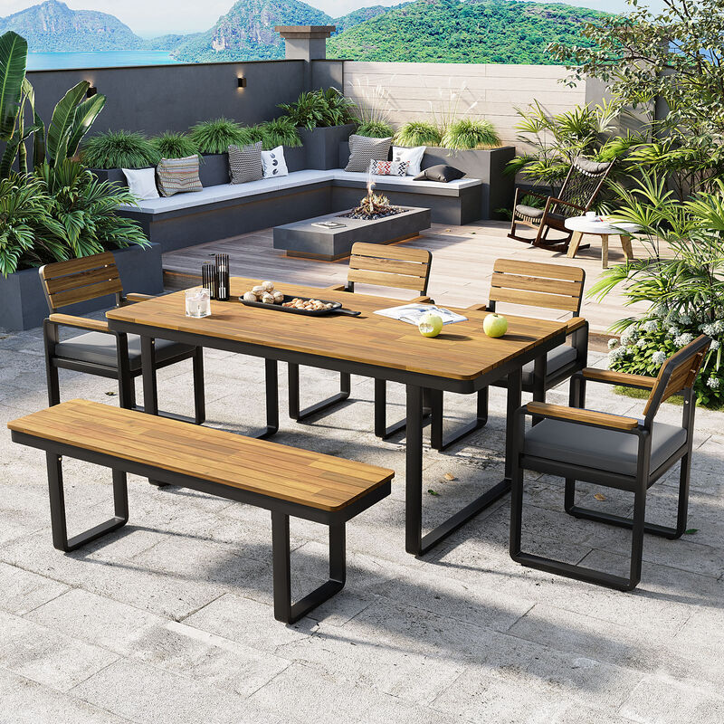 6 - Piece Acacia Wood & Steel Outdoor Dining Set with Removable Cushions image number 2