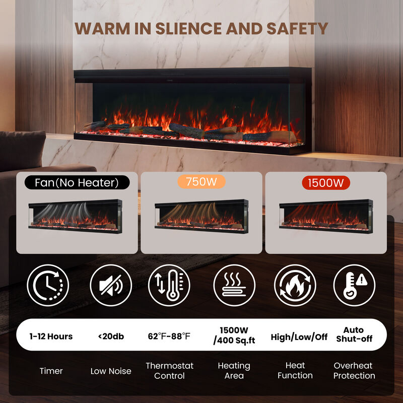 Mondawe 72" 3-Sided Recessed Electric Fireplace, 14-Color Flames, WiFi & Alexa, 3 Heat Settings, Adjustable Thermostat, 1500W image number 5