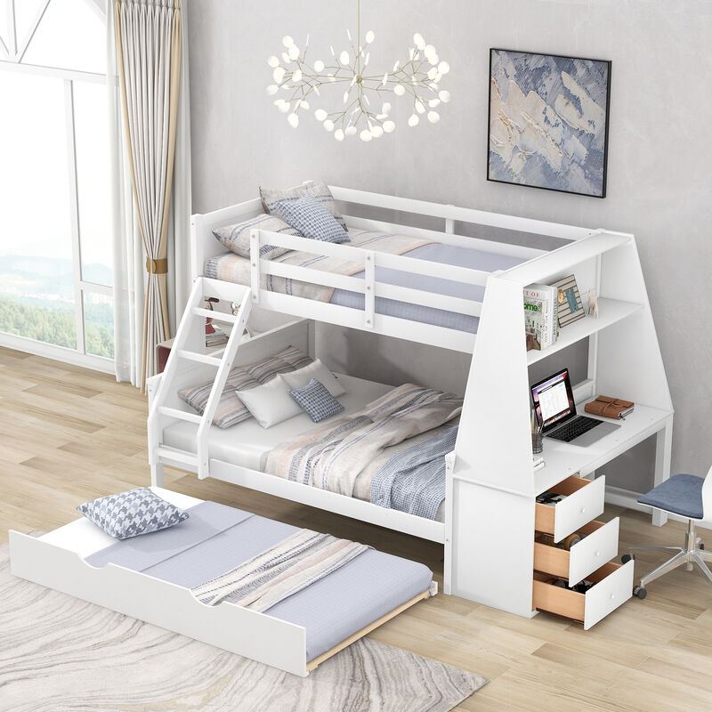 Whisen Twin over Full Bunk Bed with Trundle and Built-in Desk, Three Storage Drawers and Shelf
