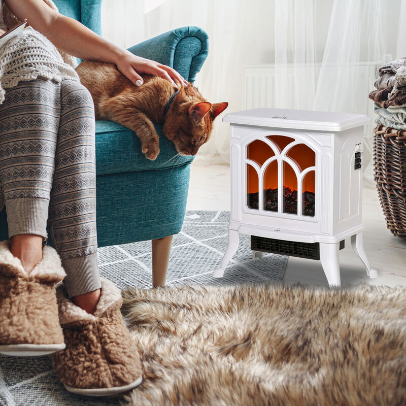 HOMCOM 17" Freestanding Electric Fireplace Stove, Fire Place Heater with Realistic Logs and Flame Effect, Adjustable Temperature, and Overheat Protection, 750W/1500W, White