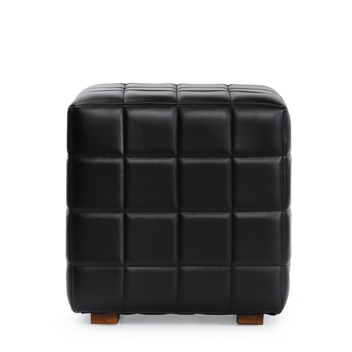 Isar Square Ottoman with Black Tufted Leather, Mango Wood 18 Inch - Benzara