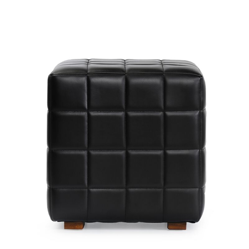 Isar Square Ottoman with Black Tufted Leather, Mango Wood 18 Inch - Benzara