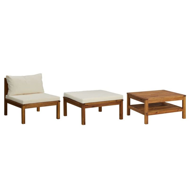 3pc Patio Set with Chair, Ottoman, Coffee Table, Acacia Wood, White - Benzara