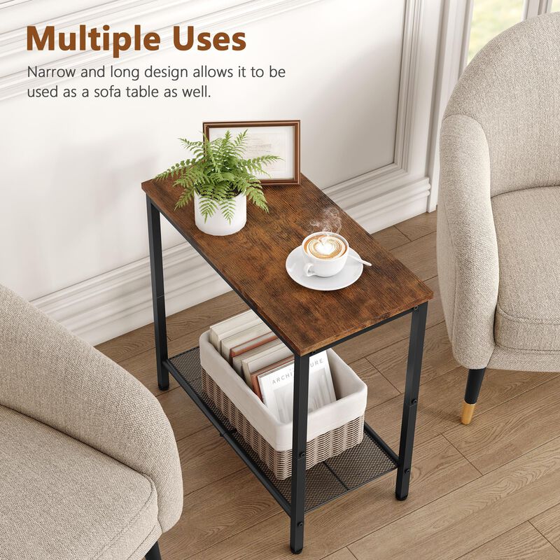Hoctieon 2 Tier End Table, Sofa Side Table, Narrow Side Table with Storage, Slim Nightstand for Small Spaces, Metal Frame, for L
