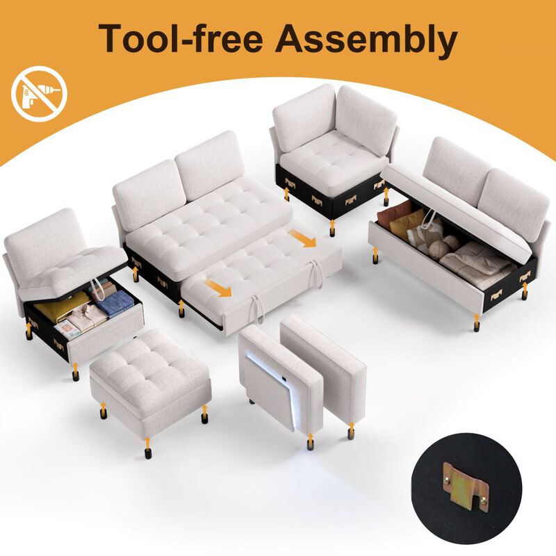 102" L-Shaped Chenille Modular Sectional Sleeper Sofa with Pullout Bed, Reclining Backrest, USB image number 4