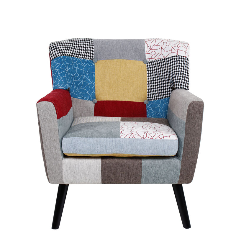 Patchwork Accent Chair, Mid Century Modern Fabric Club Chair for Bedroom Comfy, Colourful Single Sofa Chair for Living Room, Bedroom, Office, Study and Reading Room