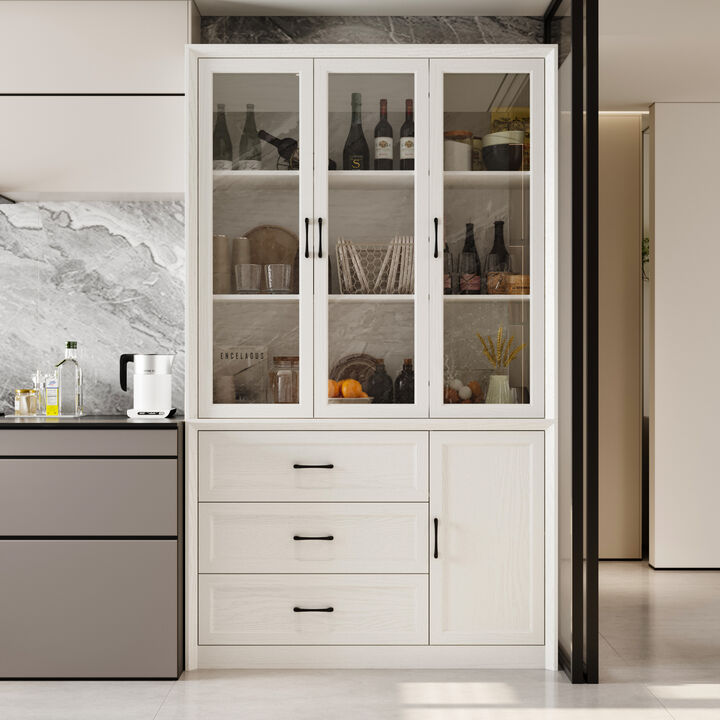 FUFU&GAGA Modern Kitchen Cabinet with 3 Glass Doors, 3 Drawers and Black Handles, (47.4 in. W x 15.7 in. D x 79.6 in. H), White