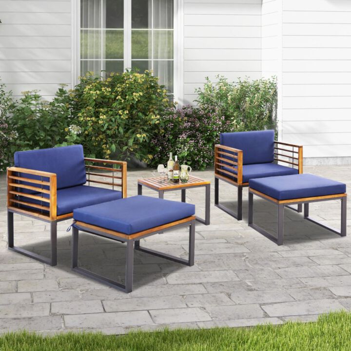 Hivvago 5 Piece Patio Acacia Wood Chair Set with Ottomans and Coffee Table