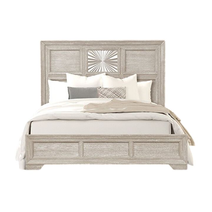 Diaz King Bed, Sunburst Pattern and Recessed Panel, Light Gray Wood - Benzara