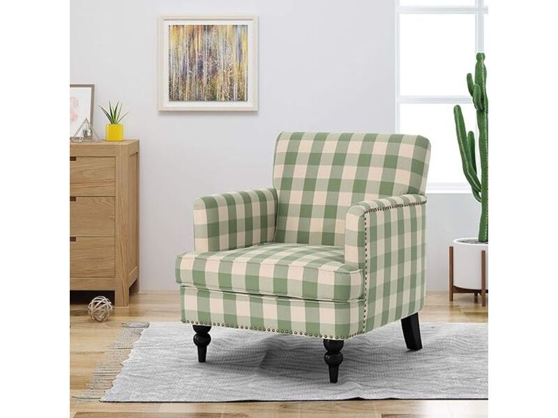 Accent Chair &ndash; Green Checkerboard Eve Club Armchair with Upholstered Cushion & Wood Frame image number 2