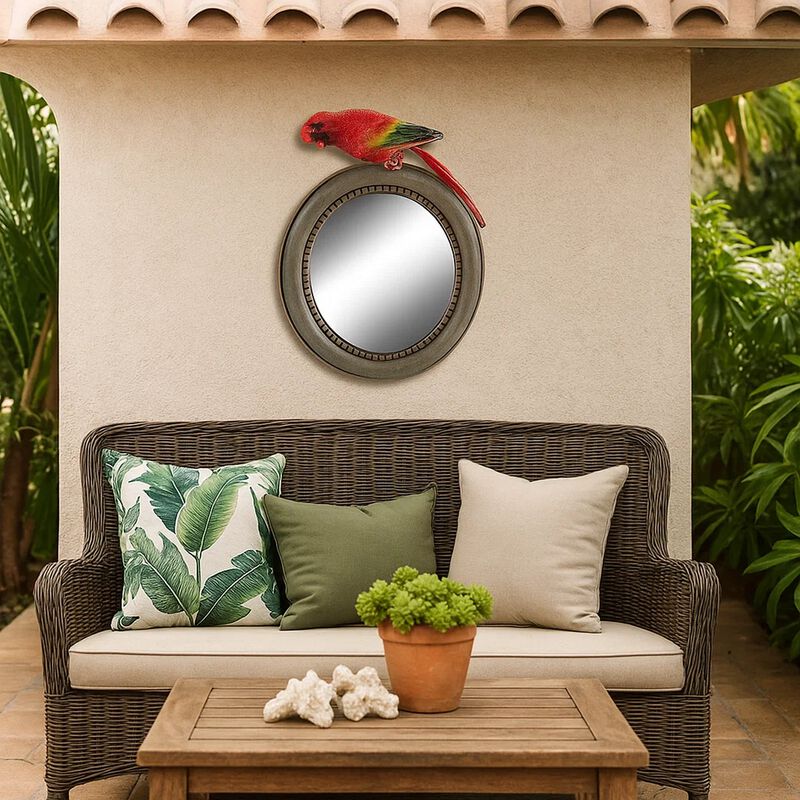 Round Wooden Framed Mirror with Parrot Sculpture Top, Multicolor image number 6