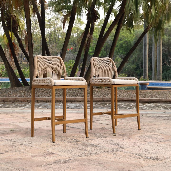 2 Pieces Wicker and Aluminum Modern Barstools with Cushion
