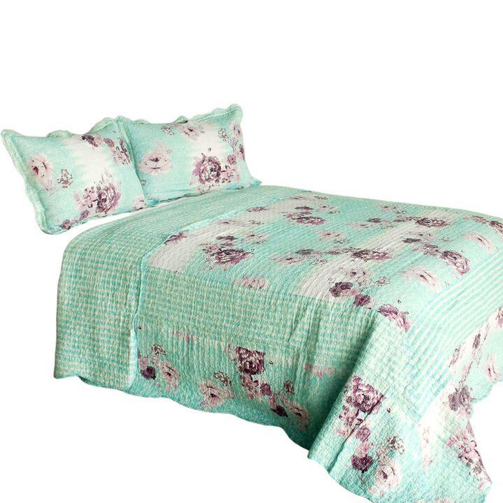 Queen Size Cotton 3-Piece Floral Printed Quilt Set with Vermicelli Quilted Design