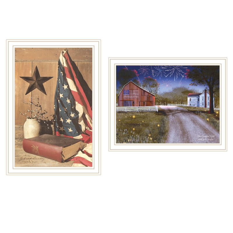 HomeRoots Set Of Two Star Spangled Night God And Country White Framed Wall Art image number 0
