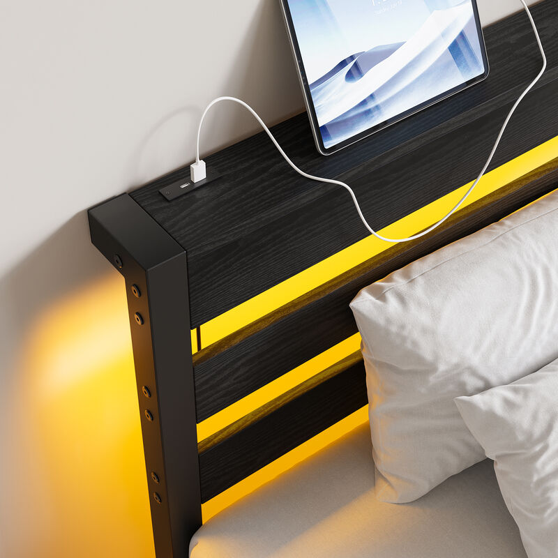 Platform Bed Frame with LED Lights & USB Charging Station, Rustic Wood Headboard, No Box Spring Needed image number 5