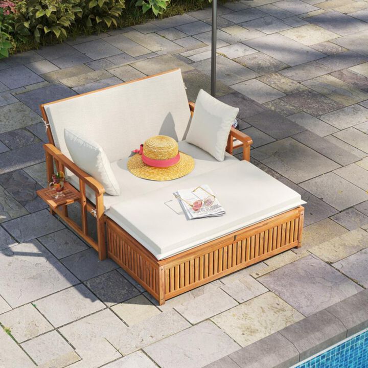 Hivvago Outdoor Wooden Daybed with 4-Level Backrest and Removable Cushions