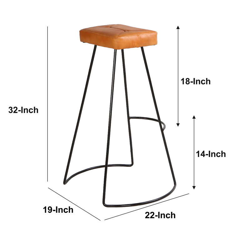 Uri 32 Inch Modern Bar Stool, Genuine Leather Seat, Metal Frame, Button Tufted, Tan Brown, Black