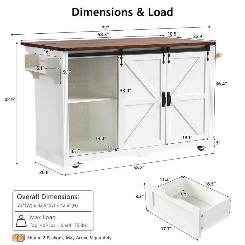 Merax Rolling Kitchen Island with Bar Cabinet, 2 Fridge Compartments, Sliding Barn Doors image number 7